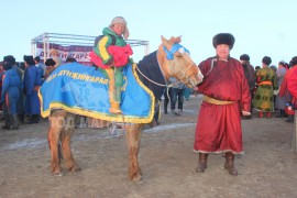 Цоллогооны дараа Н.Базаргарьд айргийн гуравт хурдалсан хонгор халзан морины хамт 